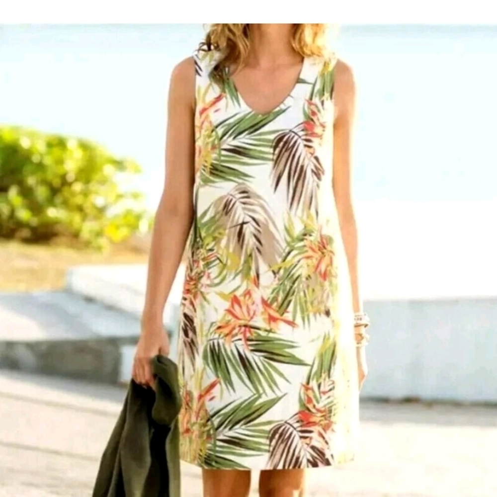 J. Jill Love Linen Tropical Print Shift Dress Womens M Tall Sleeveless Resort